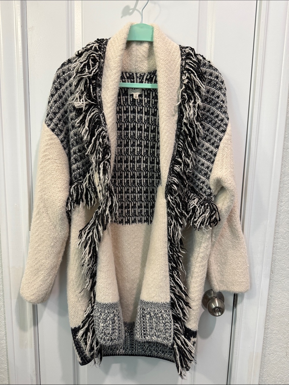 Beige & Black Fringe Knit Cardigan Sweater - Picture 9 of 13